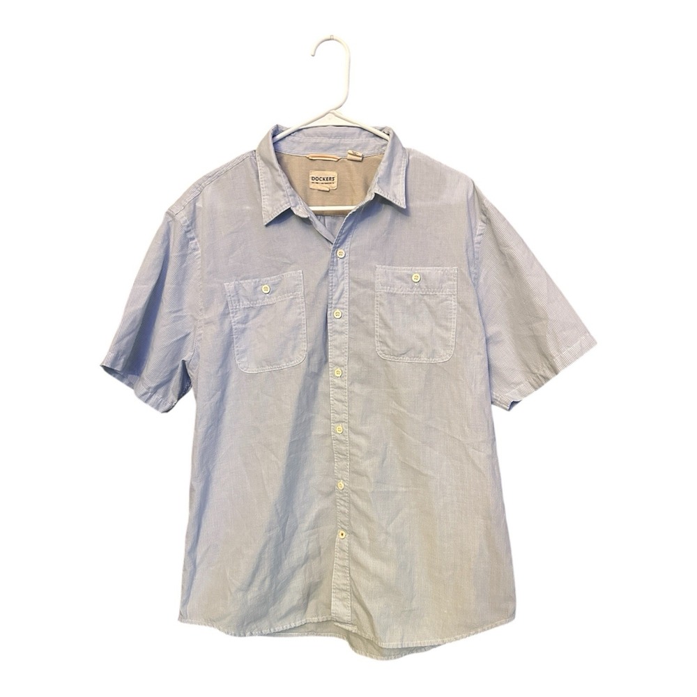 Dockers Mens Striped Button Up Shirt Large Light Blue White Short Sleeve L